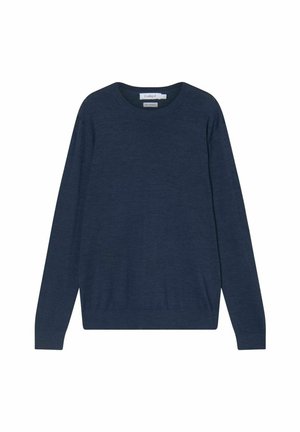 Maglione blu navy a maniche lunghe con scollo tondo e polsini e orlo a coste, mostrato disteso su sfondo bianco.