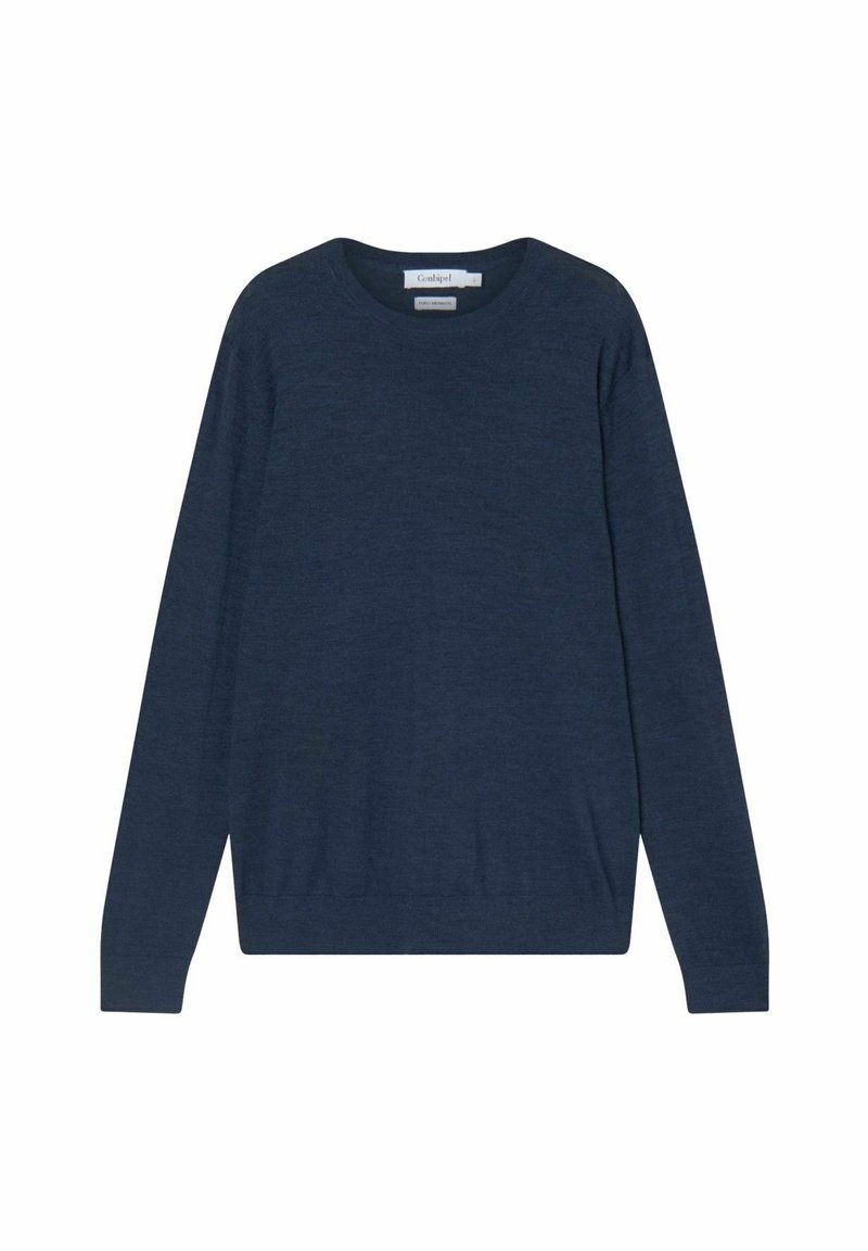 Pull bleu marine à manches longues col rond avec poignets et ourlet côtelés, présenté à plat sur fond blanc.