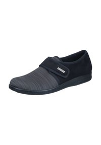 Dark blue shoe with a flat sole, featuring a textured gray fabric upper and a Velcro strap. Includes a logo detail on the side.