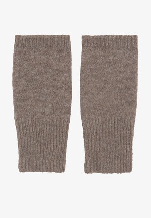 Guanti senza dita lavorati a maglia in una morbida miscela di lana grigio-marrone. Superficie texturizzata con polsini a coste per una vestibilità sicura.