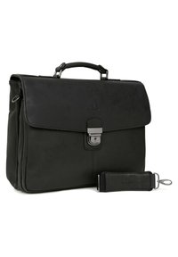 Czarna skórzana teczka z klapą, srebrnymi akcesoriami i odpinanym paskiem na ramię. Gładka tekstura z subtelnym logo z przodu.