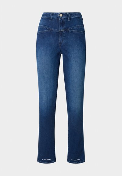 Tmavě modré denimové džíny s vysokým pasem, slim fit, rovnými nohavicemi a dvěma předními kapsami. Obsahují kovový knoflík a akcenty z prošívání.