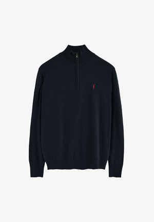 Navy long-sleeve sweater featuring a high collar and short zipper, made of soft fabric with a small red logo on the left chest.