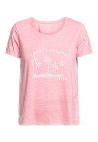 Lyserød kortærmet T-shirt med rund halsudskæring og grafisk tryk "SUNSET ESCAPE" med palmetrædesign i hvid. Blødt, let materiale.