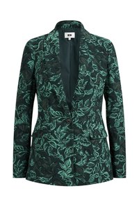 Grön kavaj med ett helmönster av löv i olika nyanser, en knappstängning och kavajkrage. Strukturerad tyg.