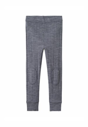 Leggings gris avec une texture en relief, dotés de renforts lisses aux genoux et d'une taille élastique. Les poignets aux chevilles complètent le design.