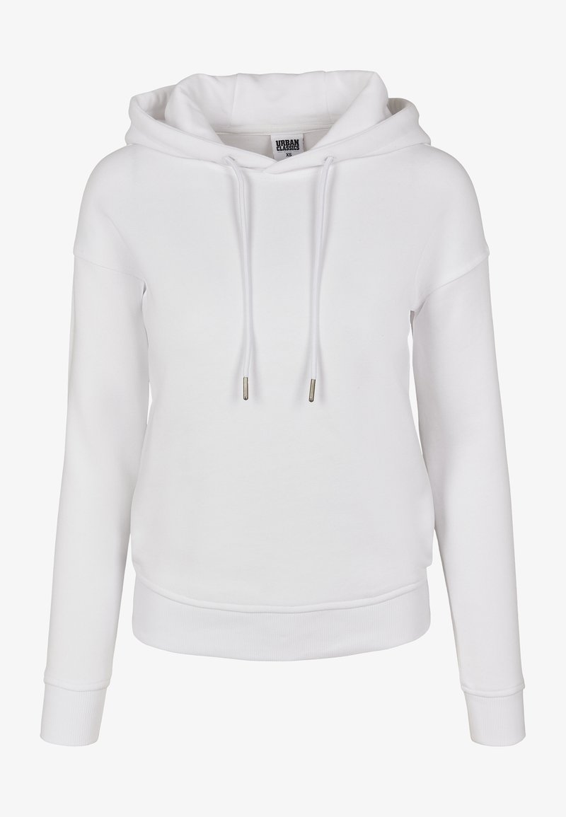 Sweat à capuche blanc en tissu doux, avec une capuche à cordon, des poignets et un bas côtelés, et une coupe décontractée avec une étiquette au niveau de l'encolure.