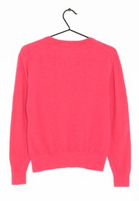 Roze trui met lange mouwen, ronde halslijn en geribbelde zoom. Zachte textuur, minimalistisch ontwerp en geen zichtbare patronen of accenten.
