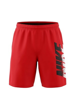 Pantaloncini sportivi rossi con cinturino elastico, con logo verticale "NIKE" nero e bianco sulla gamba destra.