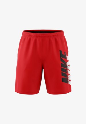 Pantaloncini sportivi rossi con cinturino elastico, con logo verticale "NIKE" nero e bianco sulla gamba destra.