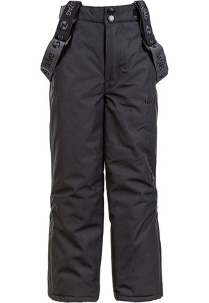 Pantalons de neige noirs imperméables avec bretelles ajustables, deux poches latérales, une fermeture à bouton et des genoux renforcés pour la durabilité.