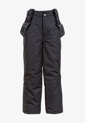 Pantaloni da neve neri impermeabili con bretelle regolabili, due tasche laterali, chiusura con bottone e ginocchia rinforzate per una maggiore durabilità.