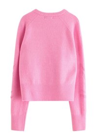 Rosa crop sweater lavet af blødt materiale, med ribbede manchetter og kant, en glat tekstur og raglanærmer.