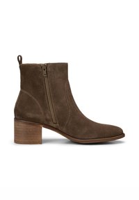Brown suede ankle boot with side zipper, low chunky wooden heel, and pull tab at the back.