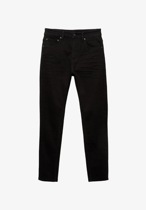 Sorte jeans lavet af denim med slim fit. Funktioner inkluderer fem lommer, lynlås i skridtet og hardware i sølvfarve. Glat tekstur og ensartet farve.