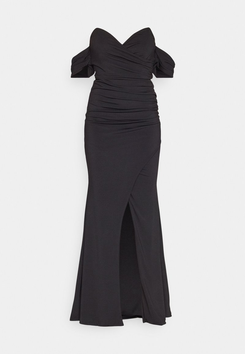 Schwarzes schulterfreies Kleid mit gerafftem Oberteil und einem hohen Schlitz bis zum Oberschenkel. Hergestellt aus dehnbarem Stoff mit glatter Textur und ausgestelltem Saum.