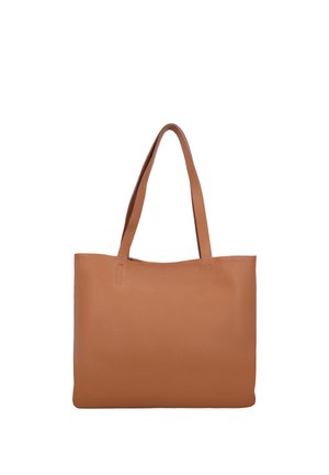 Hellbraune Ledertasche mit zwei Griffen und schlichtem, glattem Design vor weißem Hintergrund.