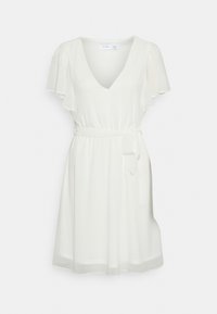 Vestido corto blanco con mangas acampanadas, escote en V, cintura ajustada con un lazo y falda fluida. Tejido ligero y suave.