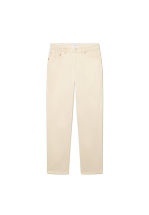 Weiße-beige Jeans aus Denim mit geradem Bein, fünf Taschen, einem Knopf- und Reißverschluss sowie dezenten Nähten.