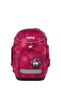 Roze ergonomische rugzak met een camouflagepatroon, meerdere vakken, reflecterende strips en een eenhoornpatch op de voorkant.