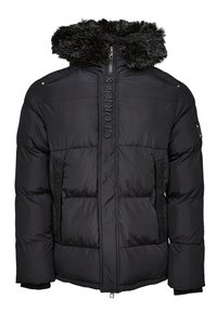 Veste d'hiver noire matelassée avec capuche bordée de fourrure, fermeture éclair à l'avant, poches latérales et "GLORIOUS" brodé sur le rabat avant.