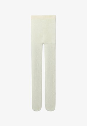 Kremowe, nieprzezroczyste rajstopy z subtelnym wzorem z wypukłych kropek, z gładkim pasem i nogawkami o pełnej długości.