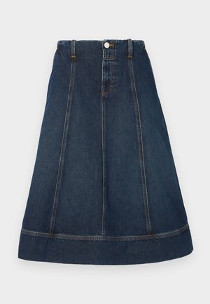 Fustă A-line din denim de culoare albastru închis, cu talie cu nasturi, cinci treceri pentru curea și cusături în contrast. Până la genunchi, cu margine rigidizată.