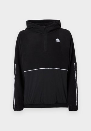 Black fleece sweatshirt with half-zip, hood, and white accent line. Logo printed on chest; features elastic cuffs and hem. Soft texture.