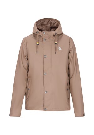 Beige színű kapucnis esőkabát, elöl nyomógombokkal, állítható húzózsinórral, fekete, fehér és sárga díszítéssel, valamint két oldalsó zsebbel.