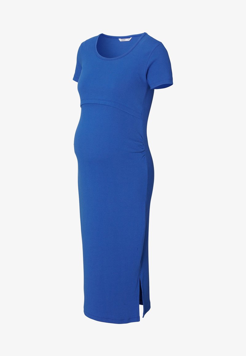 Robe de maternité bleue à manches courtes, encolure dégagée et fronces latérales. Présente une fente haute jusqu'au genou sur un côté, fabriquée en jersey doux.