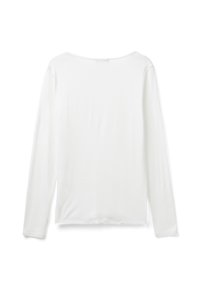 Effen witte langemouwen shirt met een brede ronde hals, van achteraf weergegeven op een witte achtergrond.