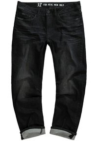 Jeans in denim nero con design a gamba dritta, caratterizzati da orli arrotolati, cinque tasche e una vita con logo. La texture appare liscia e resistente.
