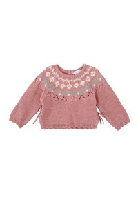 Pull en tricot rose à manches longues, avec un motif géométrique multicolore au niveau du col et des détails à cordon sur les côtés.