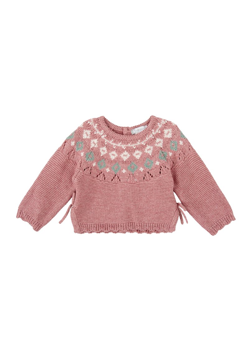 Pull en tricot rose à manches longues, avec un motif géométrique multicolore au niveau du col et des détails à cordon sur les côtés.