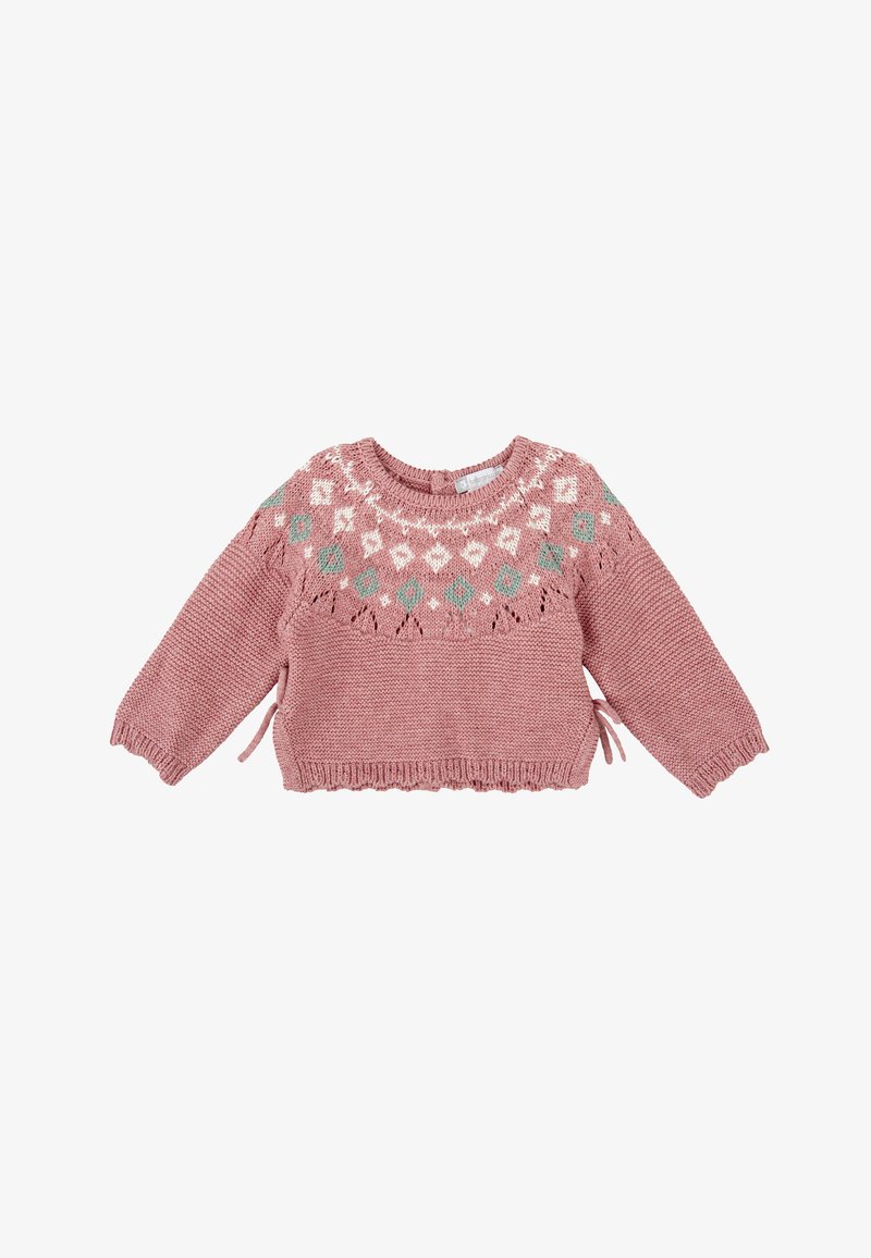 Pull en tricot rose à manches longues, avec un motif géométrique multicolore au niveau du col et des détails à cordon sur les côtés.
