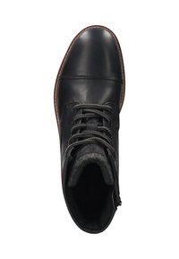 Bottine noire en cuir à lacets avec col rembourré, doublure en polaire, fermeture éclair latérale et semelle marron cousue, vue de dessus.