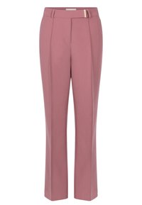 Roze op maat gemaakte broek met een rechte pijp-design. Kenmerken een platte voorkant, zijzakken en een contrasterende gestrikte riemdetail. Glad textuur.