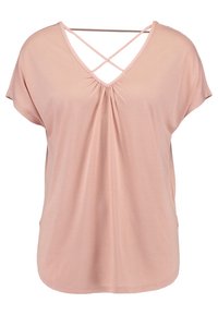 Lyserød kortærmet top med V-hals, samlet detalje i midten og korslagte stropper på ryggen. Glat stof, afslappet pasform.