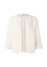 Weißer Strickcardigan mit lockerem Schnitt, offener Vorderseite und Dreiviertelärmeln. Die Textur weist horizontale Linien auf und besteht aus einem weichen, leichten Stoff.