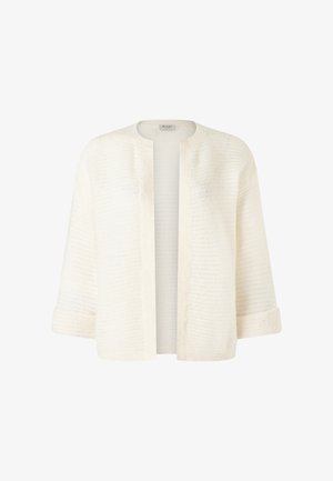 Cardigan bianco a maglia con vestibilità ampia, apertura frontale e maniche a tre quarti. La texture presenta linee orizzontali e un tessuto morbido e leggero.
