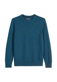 Niebieski dzianinowy sweter z okrągłym dekoltem. Posiada teksturowany materiał, prążkowane mankiety i obszycie, oraz miękkie wykończenie. Jednolity kolor na całej powierzchni.