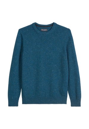 Blauwe gebreide trui met een ronde hals. Heeft een textuurstof, ribbelmanchetten en -zoom, en een zachte afwerking. Consistente kleur overal.