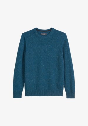 Blauwe gebreide trui met een ronde hals. Heeft een textuurstof, ribbelmanchetten en -zoom, en een zachte afwerking. Consistente kleur overal.