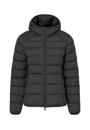 Schwarze Steppjacke mit Kapuze, mit einem Zickzack-Steppmuster, vorderem Reißverschluss und elastischen Bündchen. Leicht und mit glatter Textur.