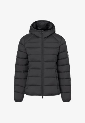 Zwarte donsjack met capuchon, met een zigzag gestikte structuur, ritssluiting aan de voorkant en elastische manchetten. Lichtgewicht en met een gladde textuur.