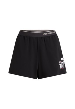 Black shorts made of soft fabric, featuring a striped elastic waistband. Illustrative accent of a character and a dog on the side.