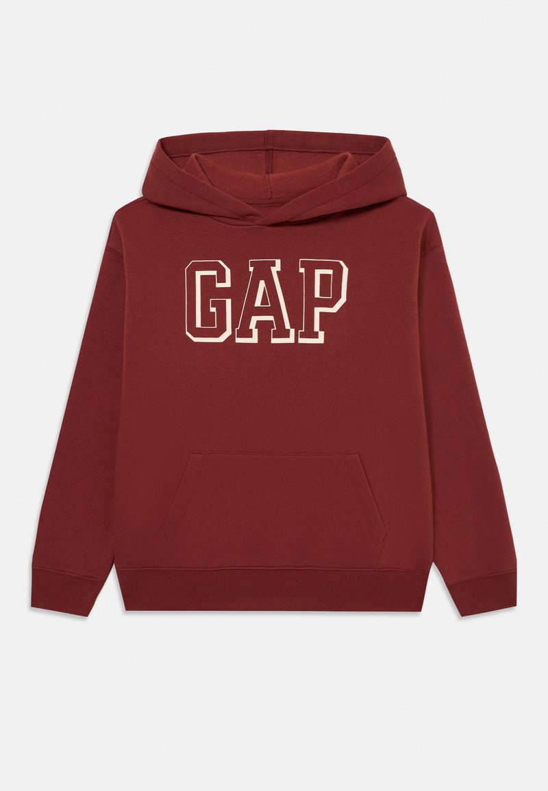 Sweatshirt capuz marrom com bolso frontal estilo canguru e o logótipo "GAP" em letras grandes brancas contornadas no peito.