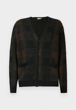 Black and brown checked cardigan with a V-neck, four button closure, two front pockets, and ribbed cuffs and hem in soft textured fabric.