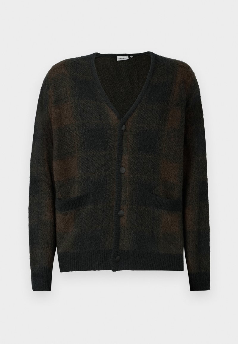 Black and brown checked cardigan with a V-neck, four button closure, two front pockets, and ribbed cuffs and hem in soft textured fabric.