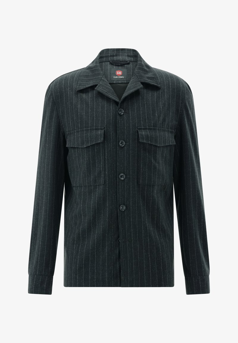 Dunkelgraues Langarmhemd mit vertikalen weißen Streifen, zwei Brusttaschen, durchgehender Knopfleiste und spitzem Kragen. Weiche Stoffstruktur.